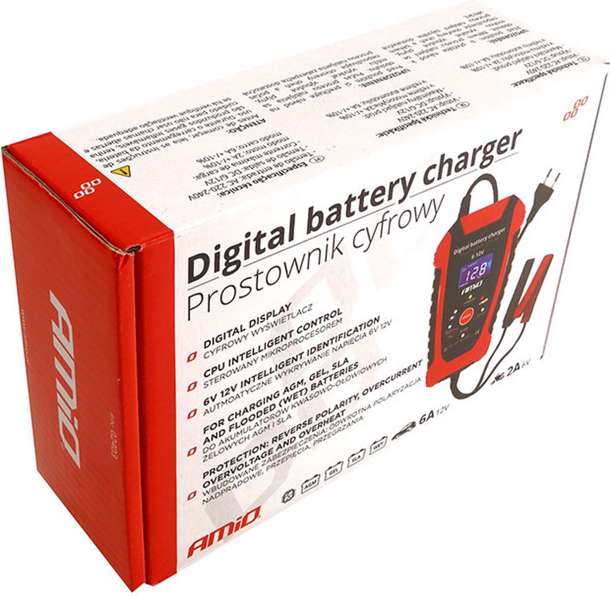 AMiO Digitale Auto Batterijlader - Microprocessorgestuurd Veilig Opladen voor Verschillende Batterijtypen