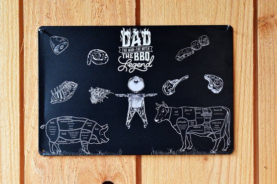 wandbord - varken & koe - dad the legend - slager - wand decoratie - bbq - barbeque - technische delen - buitenkeuken - mancave - metal sign - 20x30cm - butcher guide - wandborden voor buiten