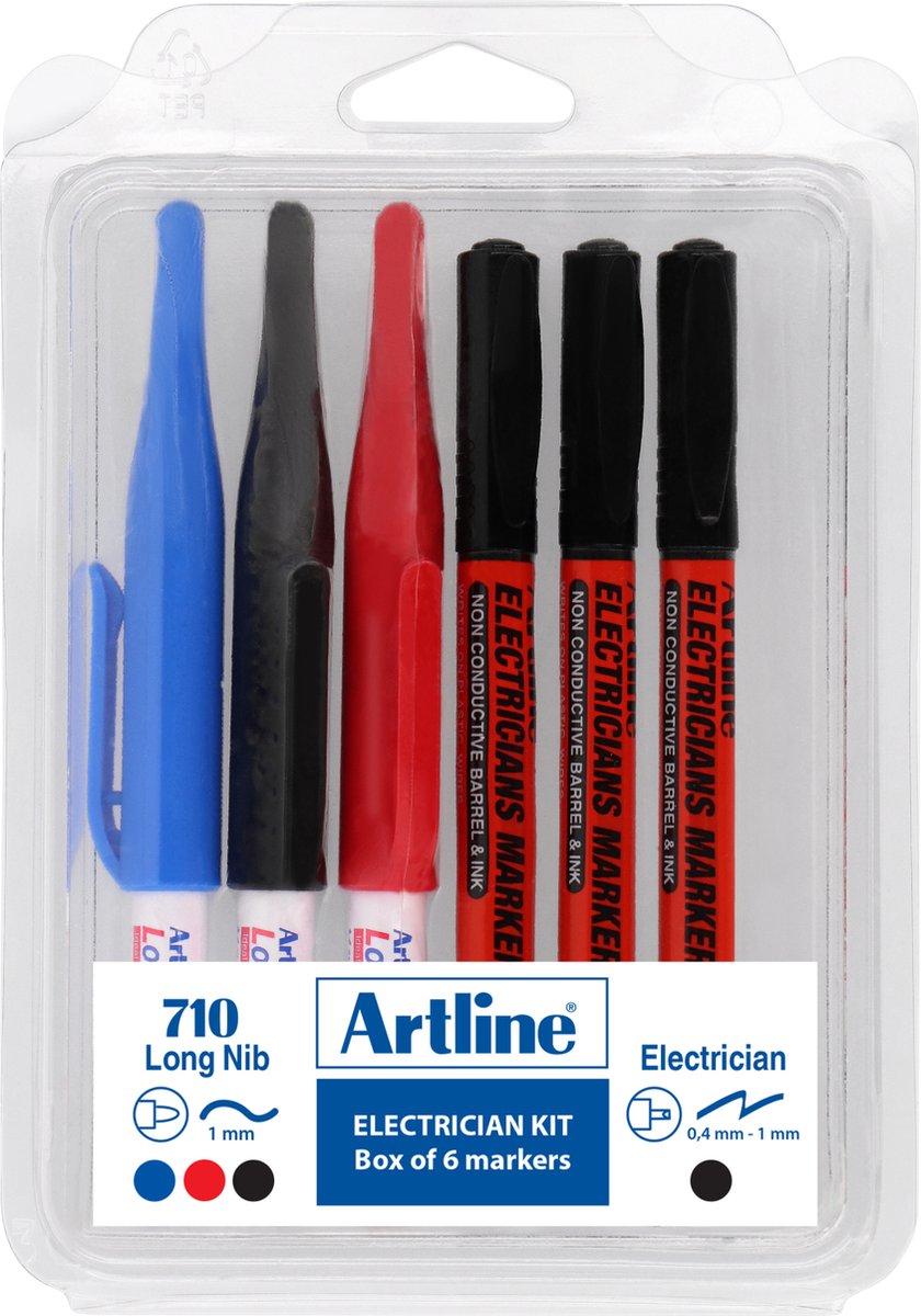 ARTLINE Electrician Markers Kit - 6 stuks - Blauw, Rood en Zwart - 0,4-1mm Lijndikte