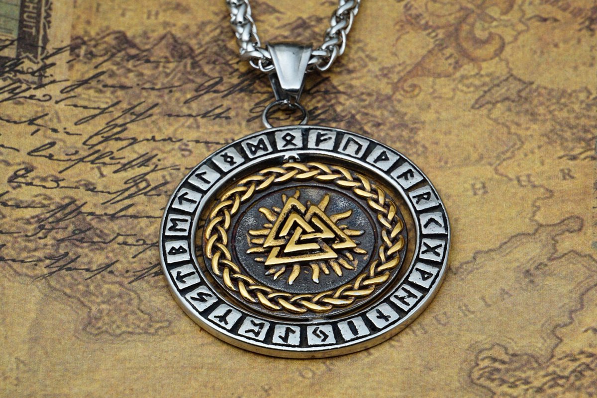 [Two Ravens] Viking Ketting - Draaibare Hanger - Valknut en Vegvisir Amulet - Noorse Mythologie - Asatru - Viking Sieraad - Runen - Paganisme - Heidens