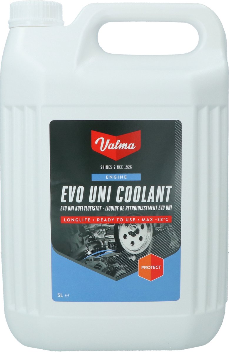 Valma EVO Uni Koelvloeistof - Tot -38°C - 5 Liter – Kant & klaar – Beschermt tegen vorst en corrosie – Mengbaar met alle koelvloeistoffen – Veilig voor lak en rubber