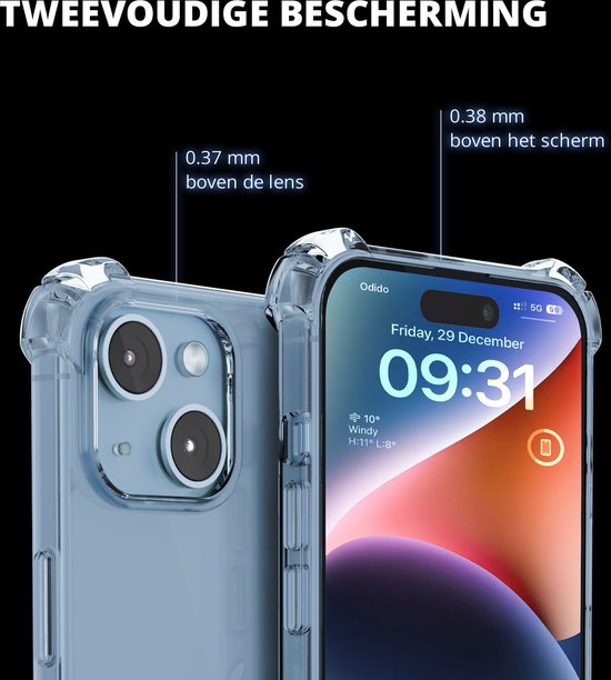 Transparante hoes met verhoogde randen van 0,37 mm boven de lens en 0,38 mm boven het scherm.