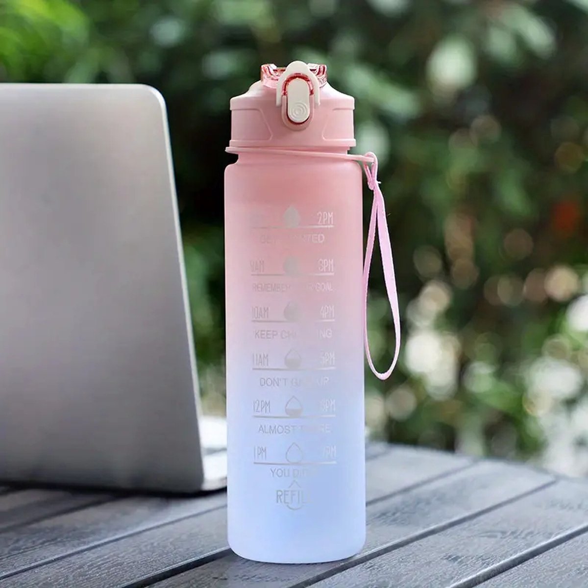 Motivatie waterfles met tijdmarkering | Sport waterfles | Drinkfles met rietje | Tritan waterflessen | Lekvrije sportfles | 1 Liter waterfles | Motivatie waterfles | Motiverende drinkfles | drinkflessen | BPA vrij | Cadeau | Blauw Roze