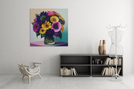 Canvas Schilderij - Kleurrijke Bloemen - Wanddecoratie - 100x100x2 cm