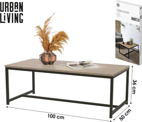 Licht houten salontafel met zwart stalen frame, afmetingen 100x50x36 cm. Een vaas met gedroogde grassen erop.