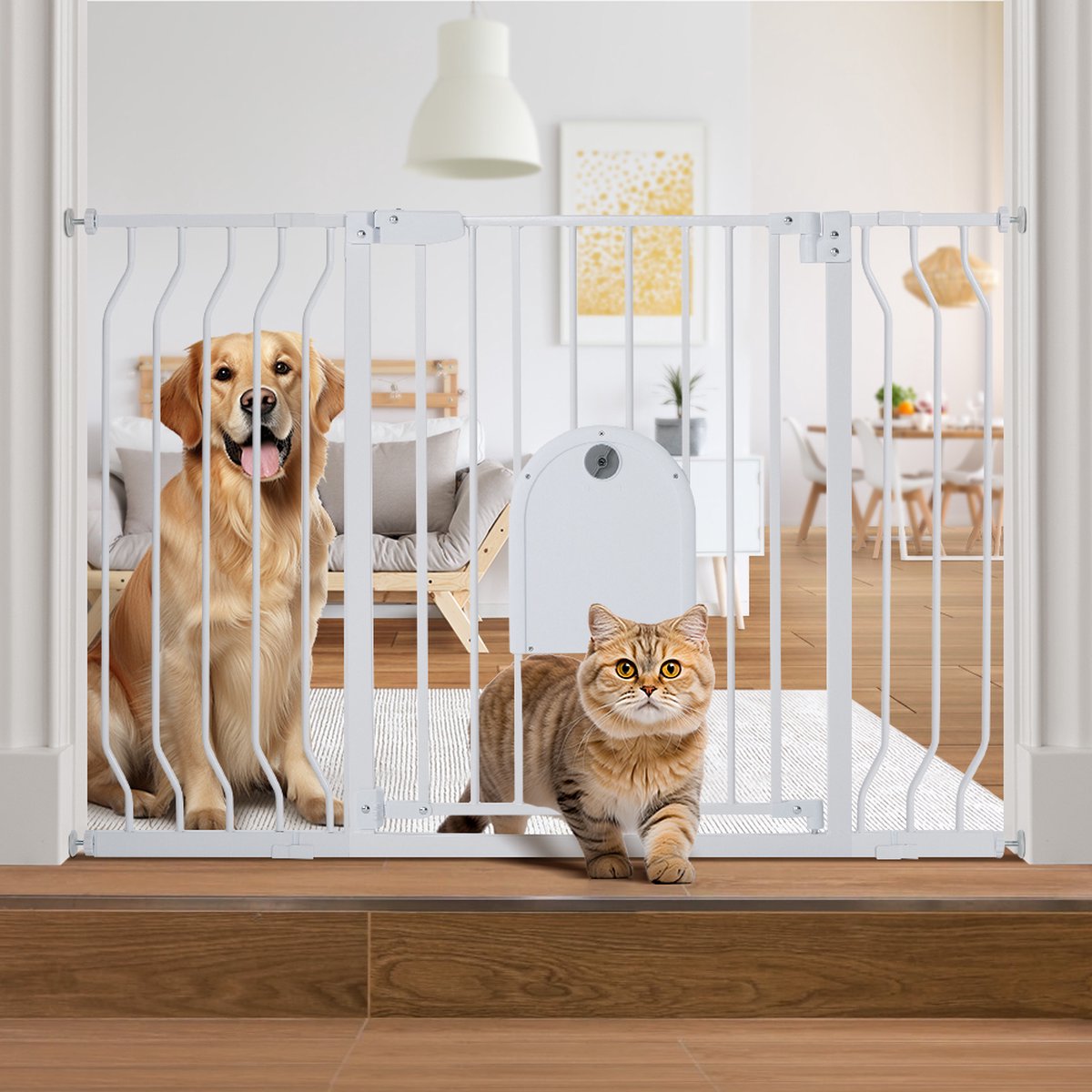 Comomy Traphekje - Zonder Boren - Met Kattenluik & Verlengstuk - Breedte 75-123cm Hoogte 76cm - Veiligheidshek voor Baby's, Kinderen, Huisdieren - Wit