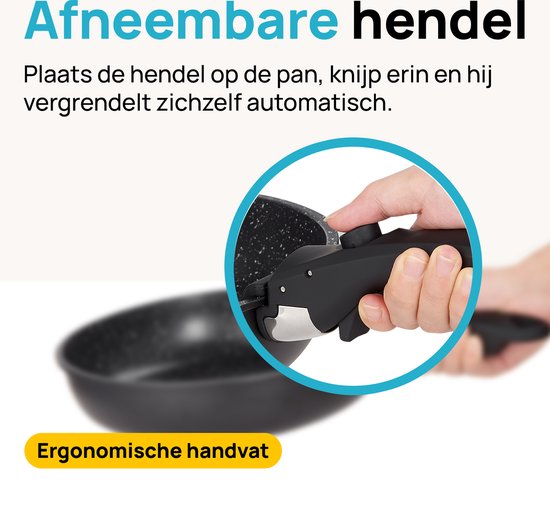 Une main attache une poignée ergonomique à une poêle noire antiadhésive. Texte : Poignée amovible.