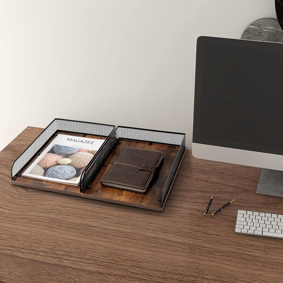 Houten en metalen brievenbak, vintage design bureau-organizer, papierlade, kantoormap organisator (zwart)