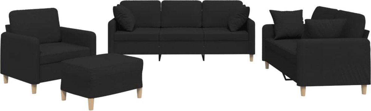 vidaXL - 4-delige - Loungeset - met - kussens - stof - zwart