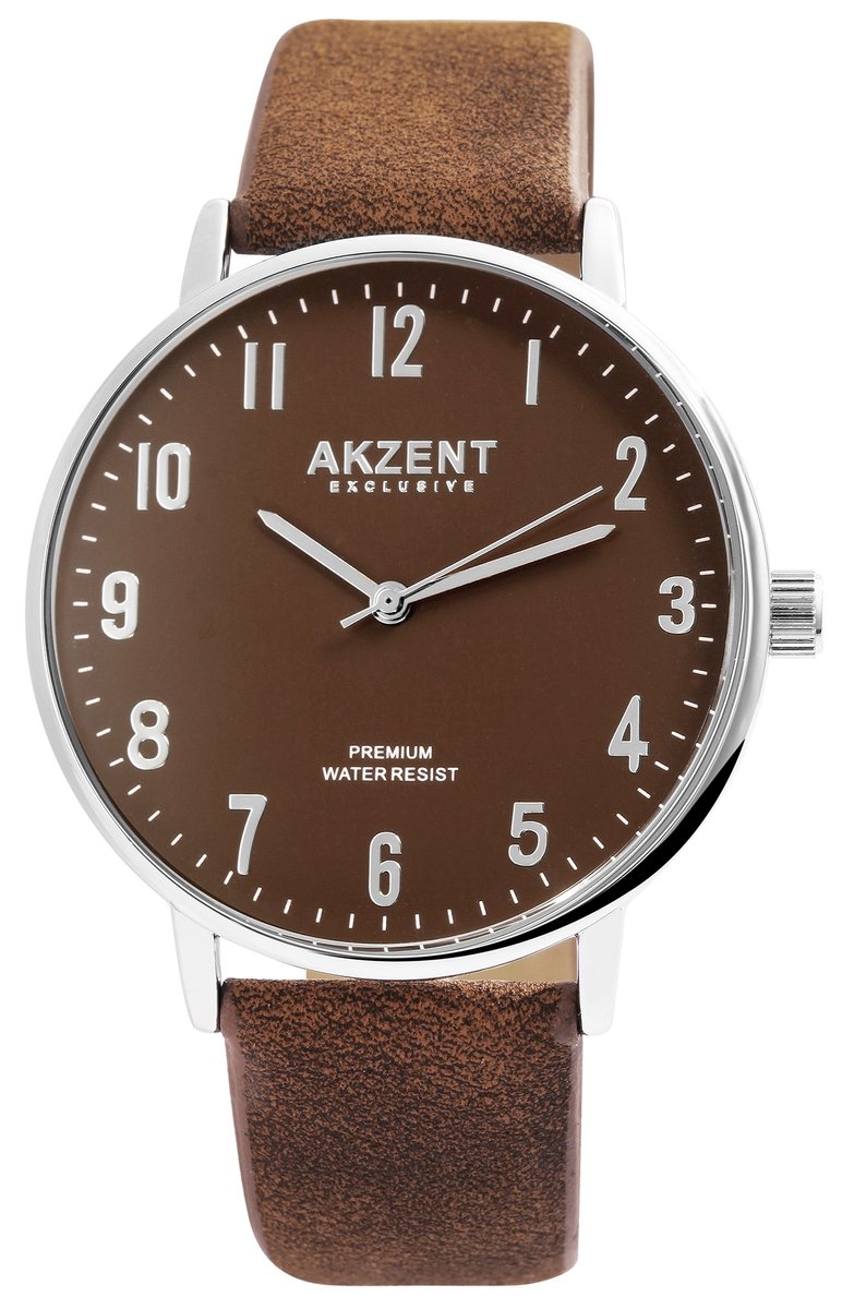 Akzent-Heren horloge-Analoog-Rond-42MM-Zilverkleurig-Bruin lederen band.