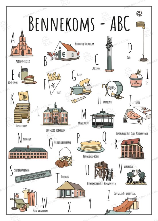 ABC Ansichtkaart Bennekom - Set van 4 Stuks - A6 Kaarten (10,5 x 14,8 cm) - Souvenir & Cadeau - Woondecoratie - Relatiegeschenk - Handgetekende Illustraties