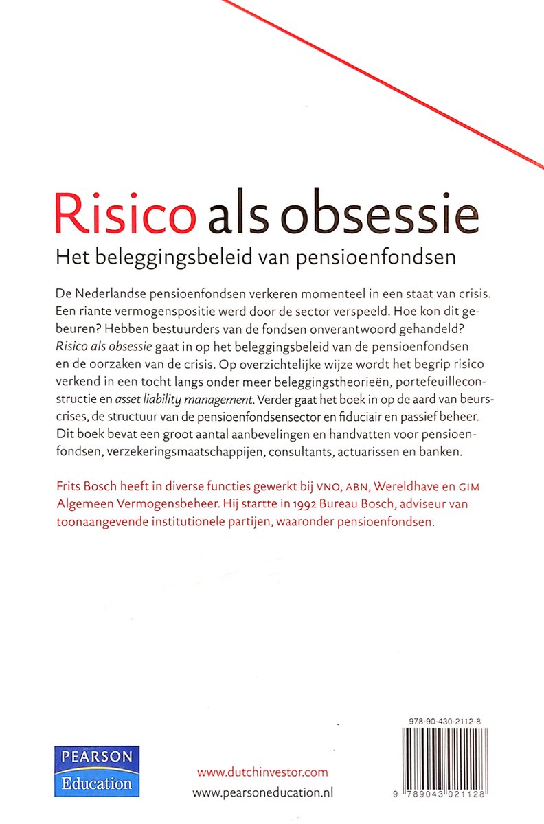 Achterkant van het boek "Risico als obsessie" met tekst over het beleggingsbeleid van pensioenfondsen en de auteur Frits Bosch.