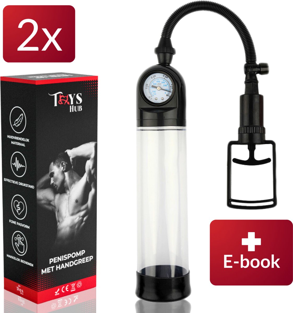 Toys Hub® DUO PACK Penispomp met Handgreep - 2 Penisringen & Gratis Ebook - Trekmechanisme – Penis Vergroter – Barometer Display - Sex Toys voor Mannen – 20CM