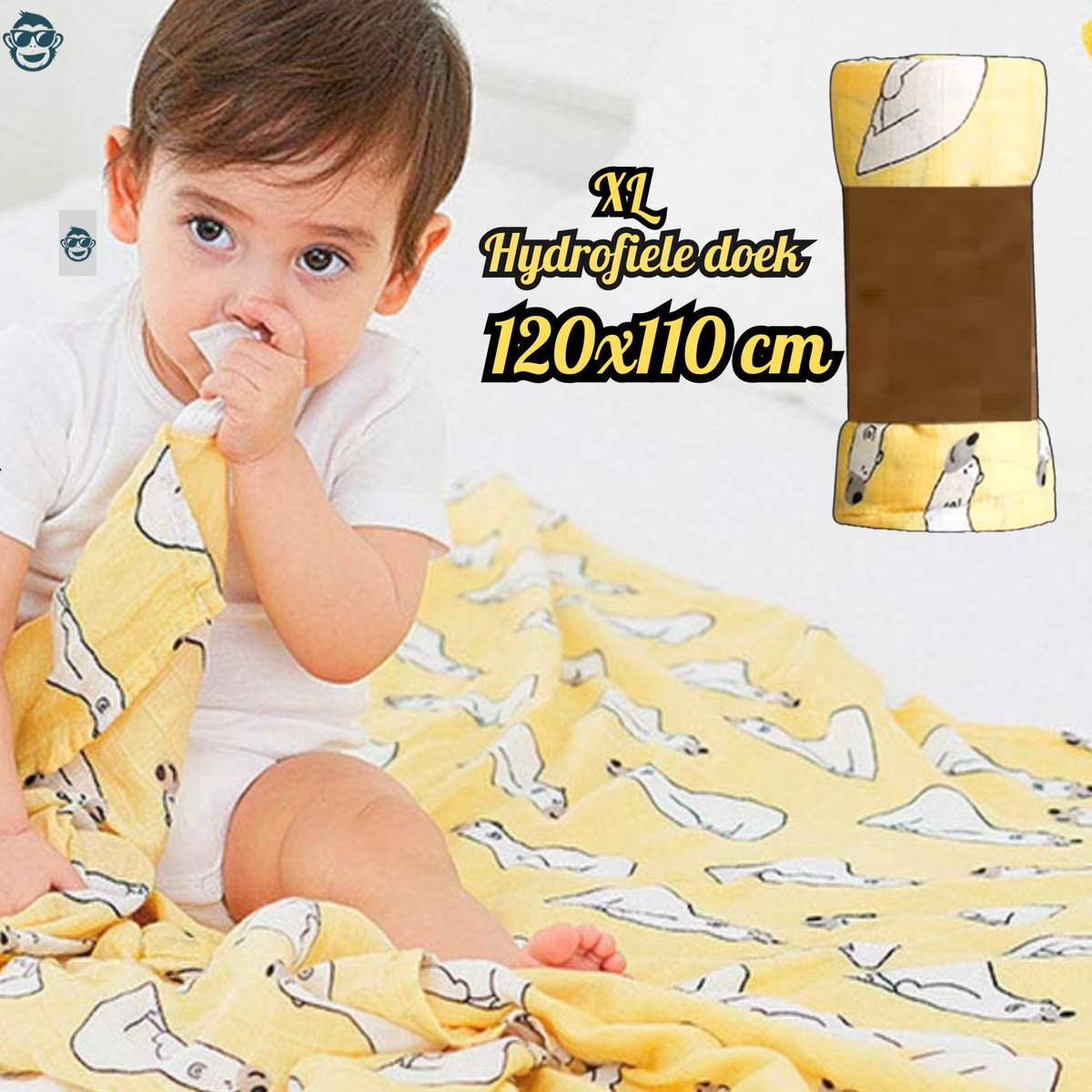 Goedkoopste BoefieBoef Grote XL Hydrofiele Doek - Oranje IJsbeer - Duurzaam Eco Bamboe - Kerst en KraamCadeau - Swaddle, Inbakerdoek, Hydrofiele Luier & Babydeken - Slaap Beer Wit