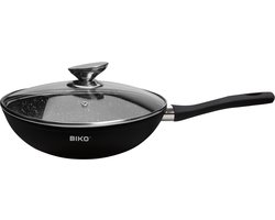 Wokpan inductie - 28 Cm - Pan Met Anti-Aanbaklaag - Wokpan met deksel Voor Alle Warmtebronnen- PFOA Vrij - Softtouch Koudgreep - Marmeren Coating -