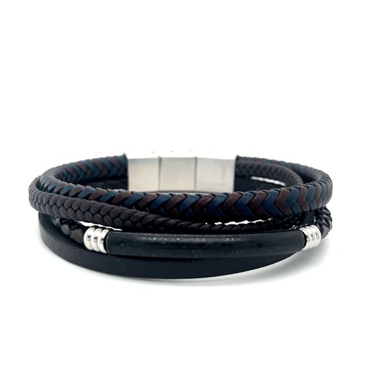 Heren armband - Armband Leer - Bruin/Blauw - Armband met magnetische sluiting- Stainless steel - valentijn cadeautje voor hem
