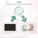 VOX-functie babyfoon: monitor gaat aan bij geluid. Twee schermen, een leeg en een met huilende baby.