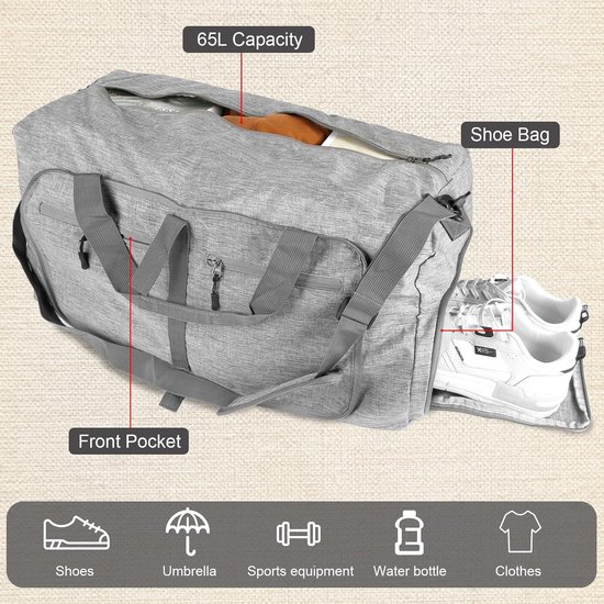 Lubardy Large Foldable Travel Bag for Men, 65L, 80L, 100L, with Shoe Compartment, Lightweight Sports Bag for Women and Men, Black - 65L
