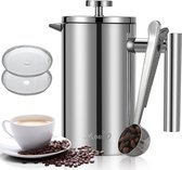 Koffiezetapparaat French Press 1 liter, klein, koffiepers, roestvrij staal, 1000 ml (6 kopjes), dubbelwandige geïsoleerde koffiefilter, roestvrij staal, Franse koffiepers