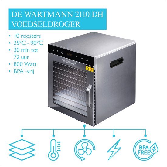 Wartmann Voedseldroger Voordeelset - Nieuwste Model professionele Dehydrator - 10 laags Droogoven - Handboek Voedsel Drogen - 6 Siliconen Bakmatten - WM 2110 DH - Dubbelwandig RVS - 25°C tot 90°C - Wartmann