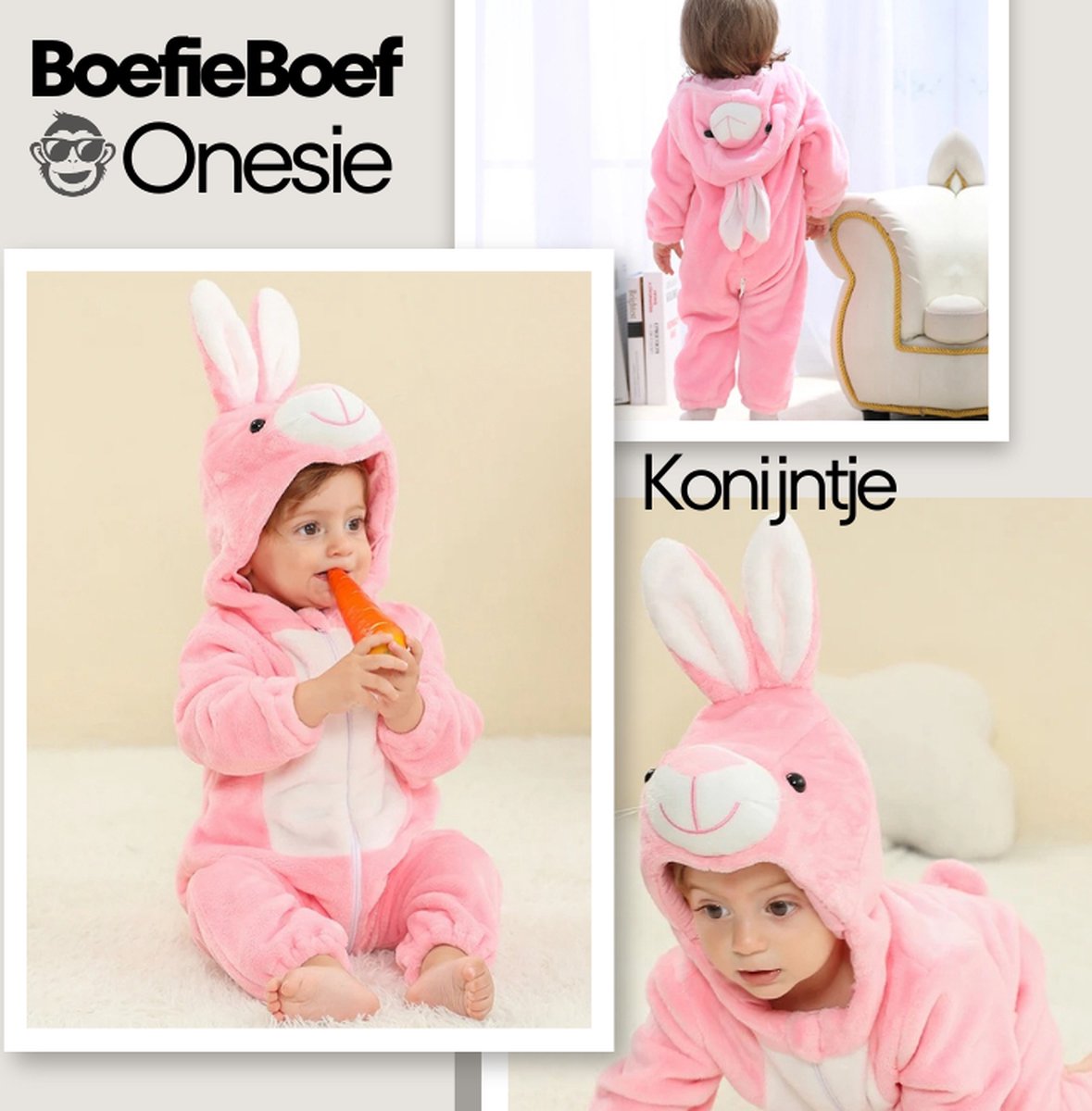 BoefieBoef Dieren Baby Onesie Peuter Pyjama Kinderen 6 maanden - 2 jaar – Konijn roze – Verkleedkleding met Luierrits – Kerst Carnaval Dierenpak - Kraamcadeau – Zacht Flanel - Romper - Boxpak - Jongen - Meisjes - Kruippak - Winterpak - Pasen - Rabbit — afbeelding 4