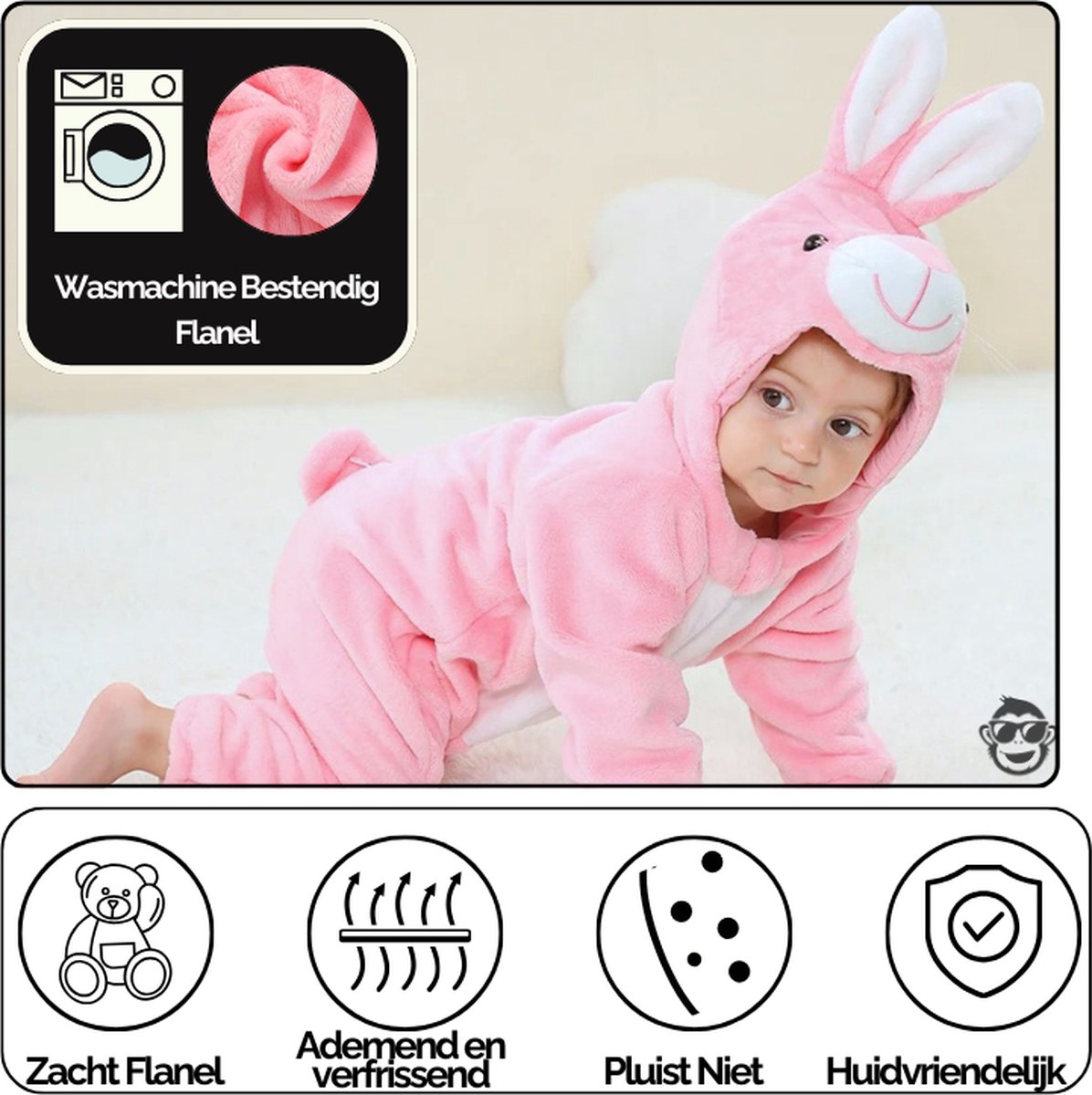 BoefieBoef Dieren Baby Onesie Peuter Pyjama Kinderen 6 maanden - 2 jaar – Konijn roze – Verkleedkleding met Luierrits – Kerst Carnaval Dierenpak - Kraamcadeau – Zacht Flanel - Romper - Boxpak - Jongen - Meisjes - Kruippak - Winterpak - Pasen - Rabbit — afbeelding 7