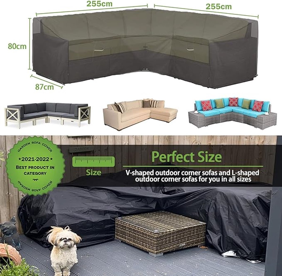 Enzeno Tuinmeubelhoes, L-vorm, beschermhoes voor tuinmeubelen, waterdicht, winddicht, afdekzeil voor outdoor hoekbank, hoekloungegroep, loungemeubel, rechthoekige afdekhoes, 220 x 220 x 87 x 80/65 cm