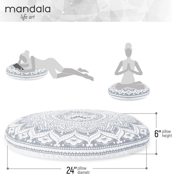 Ronde kussensloop voor vloerkussen, bohemian stijl, voor yoga kussen, meditatiekussen in mandala design, diameter 75 cm, van handbedrukt, natuurlijk katoen, patroon: blauwe lotus van FIFILARY. — afbeelding 4