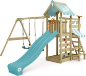 WICKEY speeltoestel klimtoestel VanillaFlyer met schommel, pastelblauw zeil & glijbaan, outdoor kinderspeeltoestel met zandbak, ladder & speelaccessoires voor de tuin