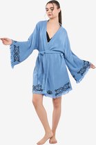 Trimita - Forever Kort Kimono Badjas - Blauw - 100% Katoen Hydrofiel Stof - Fair Trade Badjassen - Heerlijk Zacht, Licht en Handgemaakt - Perfect voor Thuis, Sauna of Spa, Strand