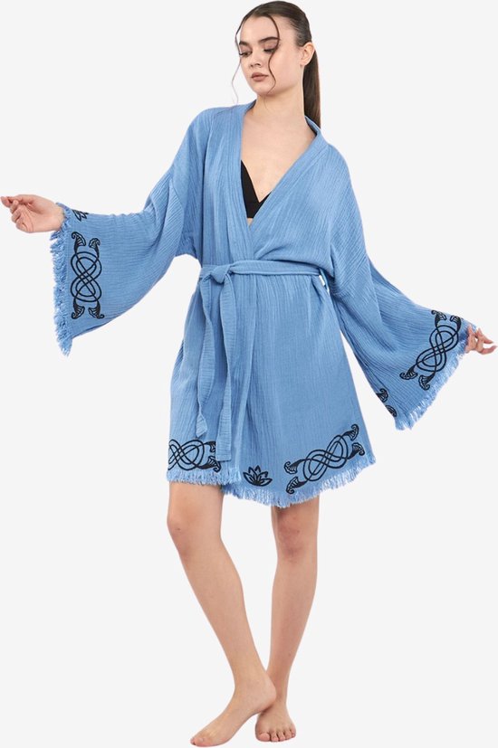 Trimita - Forever Short Kimono - Blauw - Tissu hydrophile 100 % Katoen - Robes de bain issus du commerce Fair - Merveilleusement doux, léger et Handgemaakt - Perfect pour la maison, le Sauna ou le spa, la plage