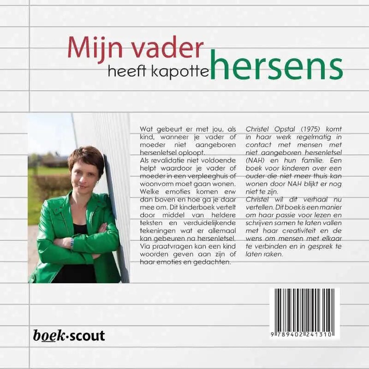 Vrouw met bruin haar in groen jasje, kijkt naar de camera, met tekst 'Mijn vader heeft kapotte hersens'