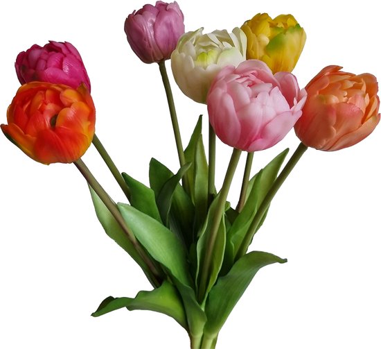 Viv! Home Luxuries - Tulpen boeket - 7 stuks - kunststof bloem - 40cm - oranje geel roze perzik wit paars