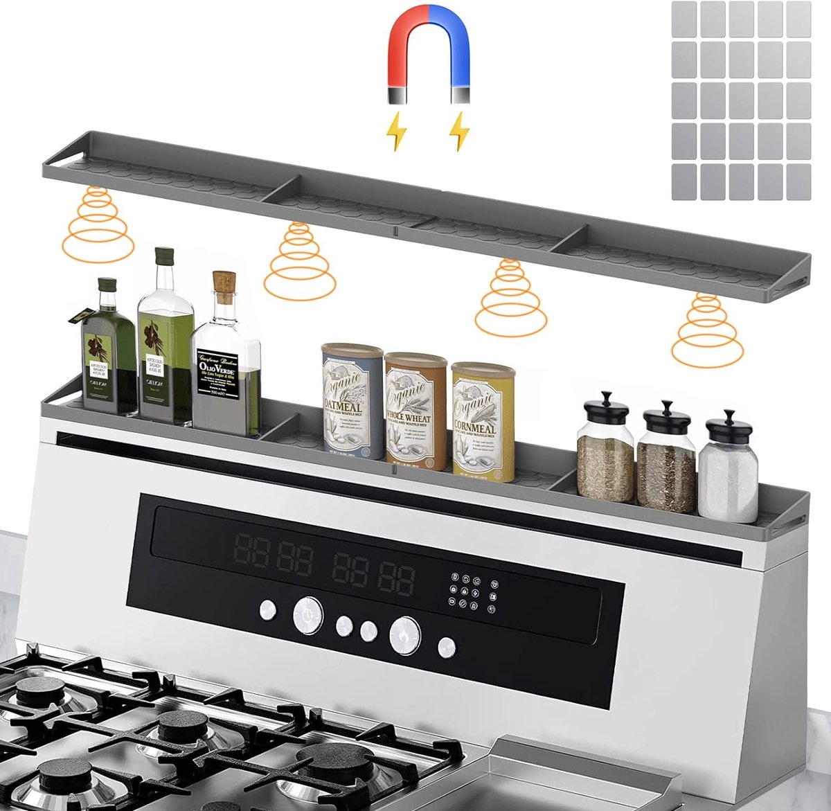 Keukenrek voor kookplaat, 76 cm (76 cm) siliconen fornuis boven rek met etiketten, magnetisch rek voor fornuis/roestvrijstalen fornuis, 4 functionele scheidingswanden, keuken, kruidenrek,