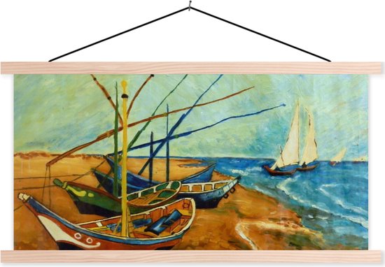 Posterhanger incl. Poster - Schoolplaat - Vissersboten op het strand - Vincent van Gogh - 150x75 cm - Blanke latten