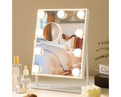 foto van VANITII Hollywood Spiegel -25cm x 30cm -360° rotatie -Met instelbaar licht/3 soorten LED make-up spiegels -10x vergrootglas Wit