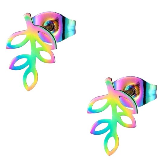 Aramat jewels ® - Regenboog oorbellen zweerknopjes blad chirurgisch staal 11x7mm