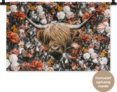 Wandkleed - Wanddoek - Schotse hooglander - Bloemen - Zwart - Wit - 60x40 cm - Wandtapijt