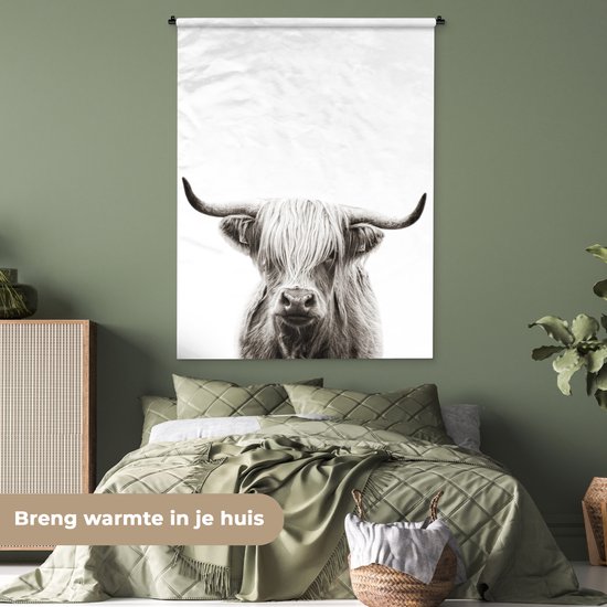 Tenture murale - Tissu mural - Highlander écossais - Animaux - Zwart - Wit - 120x160 cm - Tapisserie murale