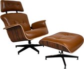 Lounge Chair + Hocker - Fauteuil - Stoel - Leer - Relax - Cognac bruin