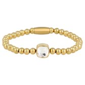 *Elastische armband met witte kristal glazen bedel - Dames armband - goudkleurig - met witte kristalglazen bedel - Met luxe cadeauverpakking