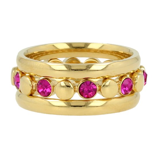 My Bendel - Ringenset goud met fuchsia steentjes - Gouden ringenset met fuchsia glassteentjes en aanschuifringen - Met luxe cadeauverpakking