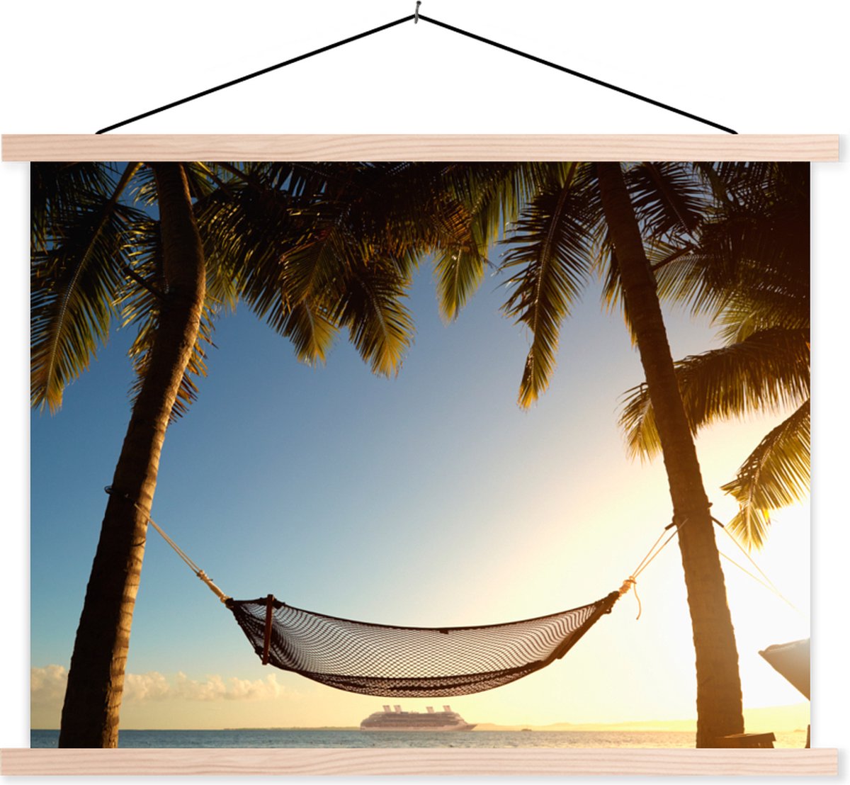 Posterhanger incl. Poster 40x30 cm - Schoolplaat - Palmboom - Hangmat - Zonsondergang - Textielposter - Blanke latten