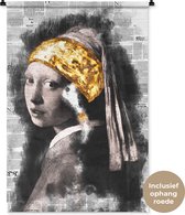Wandkleed - Wanddoek - Meisje met de parel - Johannes Vermeer - Krant - Goud - 90x135 cm - Wandtapijt