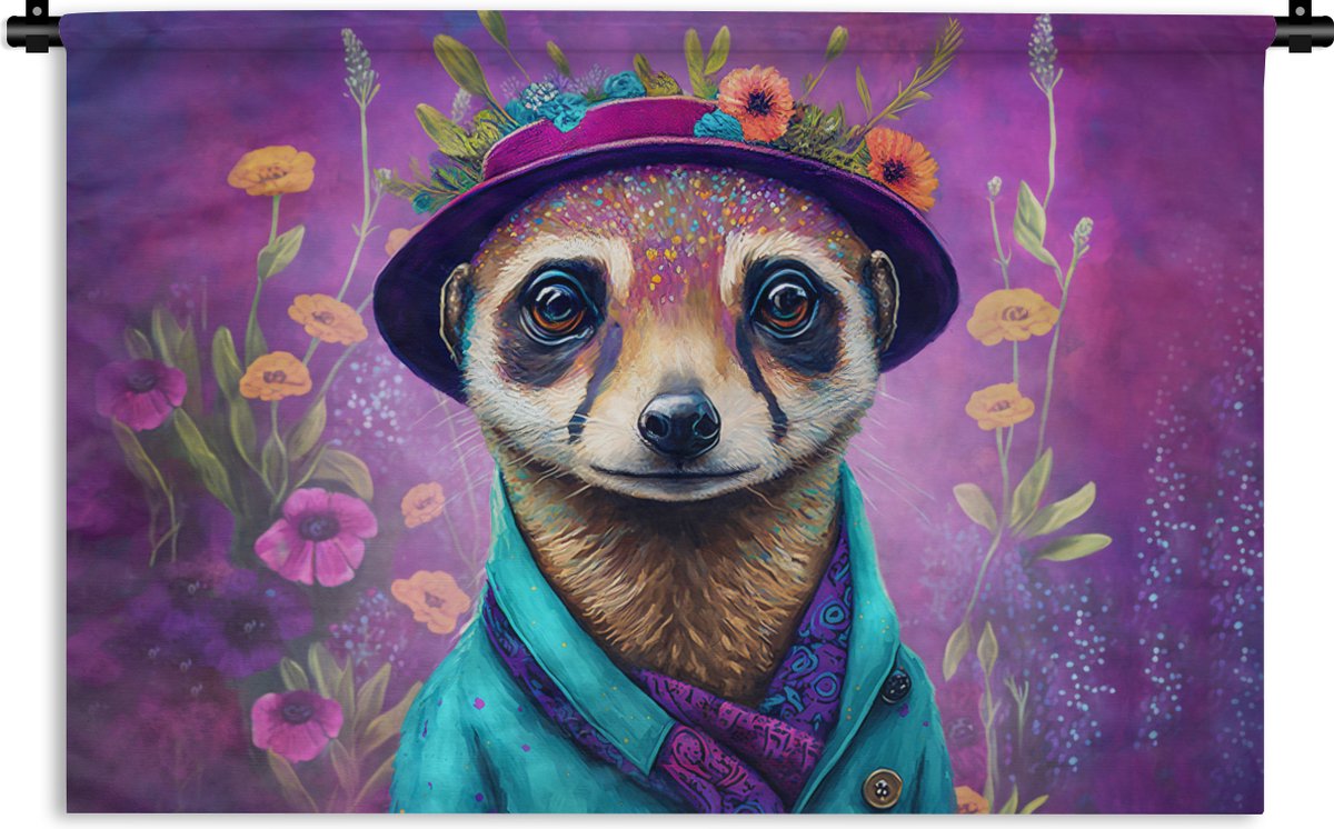 Wandkleed - Wanddoek - Meerkat - Bloemen - Verf - Paars - Portret - Stokstaartje - 90x60 cm - Wandtapijt