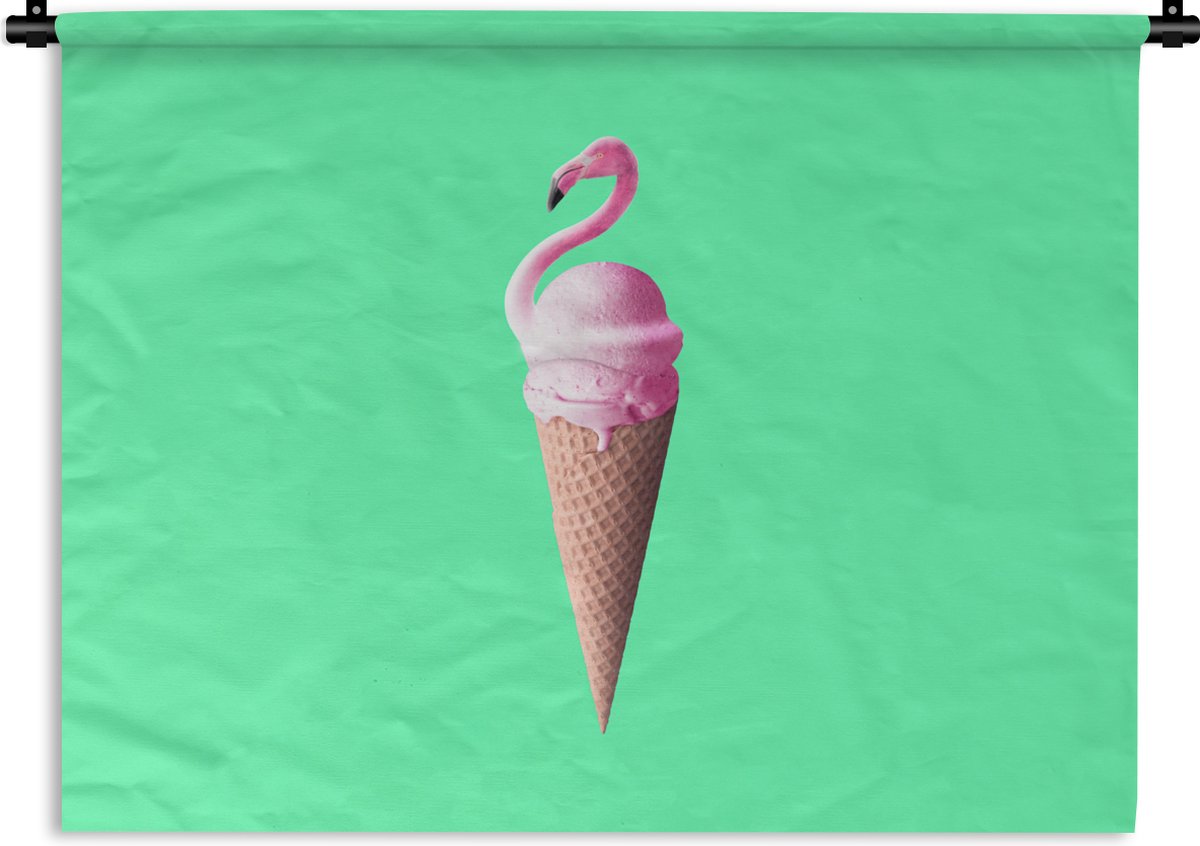 Wandkleed - Wanddoek - IJshoorntjes - IJs - Flamingo - Roze - Groen - 180x135 cm - Wandtapijt