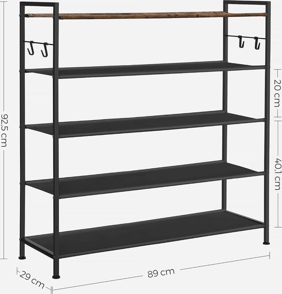 SONGMICS Shoe Rack 5 Levels, Metal Shoe Racks, Oxford Shelves, for 20-25 Pairs Shoes, 29 x 89 x 92.5 cm, 4 Hooks, Open Shoe Cabinet for Hallway, Bedroom, Vintage Brown-Black LMR035B01
