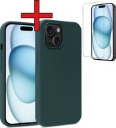 Hoesje Geschikt voor iPhone 15 Hoesje Siliconen Case Hoes Met Screenprotector - Hoes Geschikt voor iPhone 15 Hoes Cover Case - Donkergroen