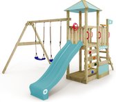 WICKEY speeltoestel klimtoestel Smart Savana met schommel & pastelblauwe glijbaan, outdoor kinderspeeltoestel met zandbak, ladder & speelaccessoires voor in de tuin