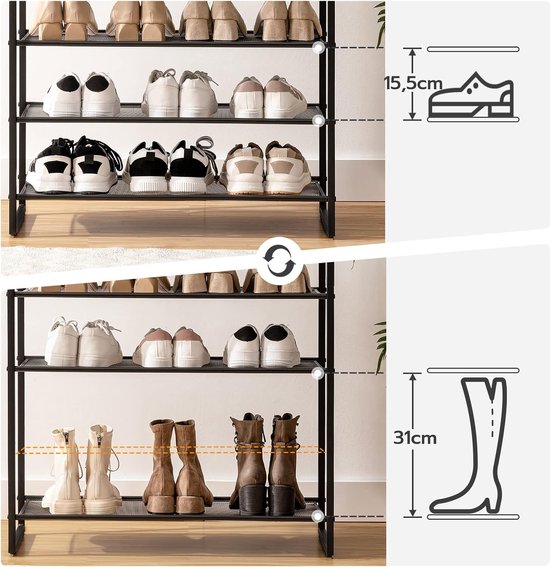 Groot schoenenrek, 12 niveaus schoenrek, schoenenkast hoog, voor 35-45 paar schoenen, metalen frame, industriële stijl, voor hal, woonkamer, slaapkamer, vintage bruin-zwart EBF127XJ01